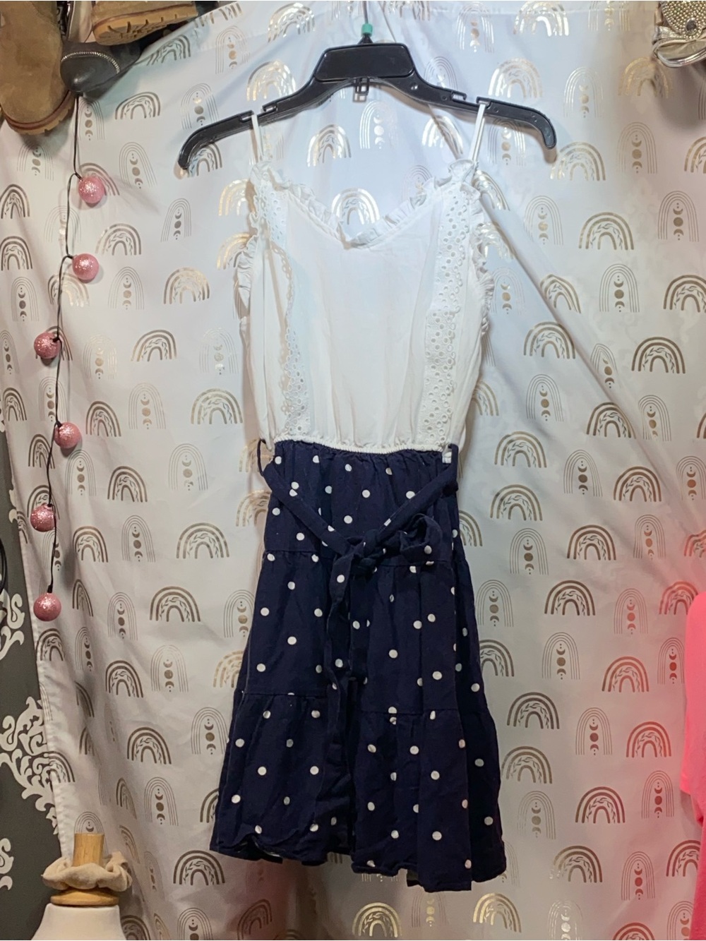 White Eyelet Lace Bodice Navy Polka Dot Skirt Sundress